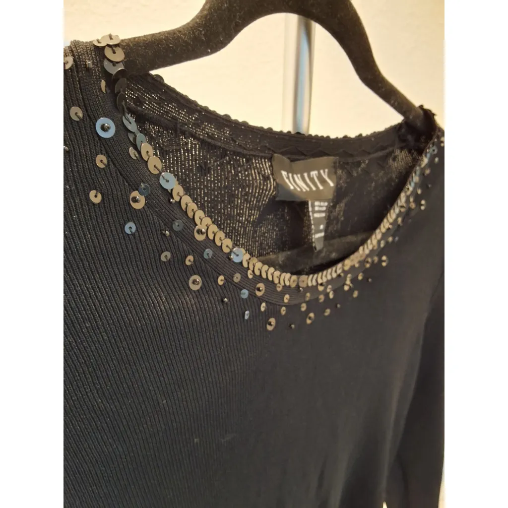 FINITY Vintage Black 3/4 Sleeve Stretchy Knit Top Sequin Neckline Womens Medium - Image 2