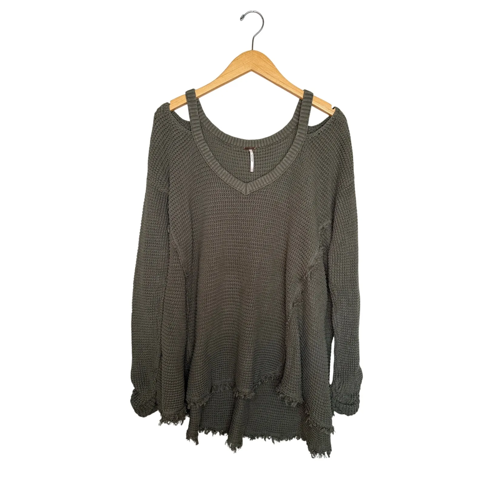 Free People Moonshine Cold Shoulder Thermal Waffle Knit Sweater Women’s L Green - Image 3