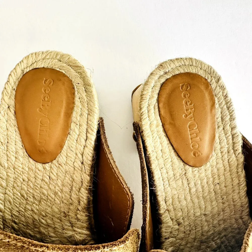 See by Chloe Viviane Clogs Camel Tan Leather Size 39 US 9 Platform Mule Raffia - Image 4