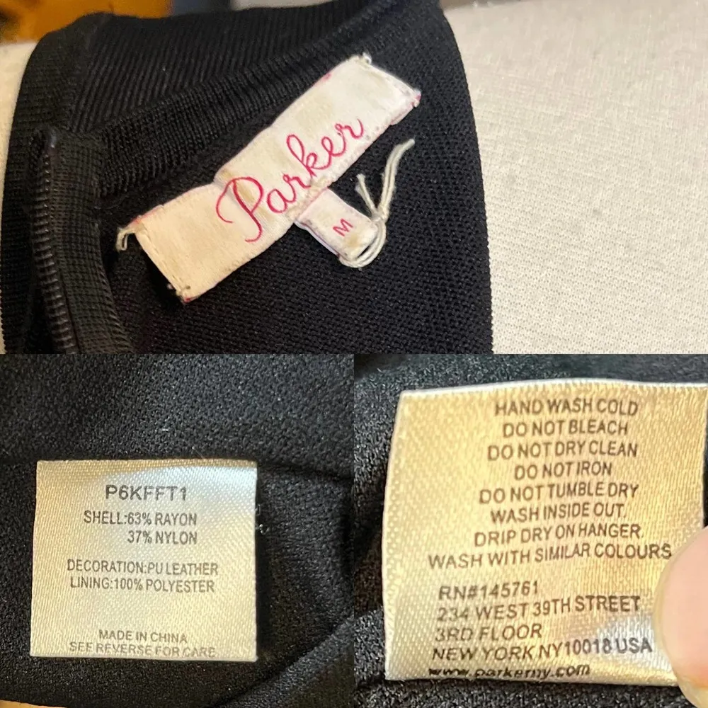 PARKER Black Knit Dress Faux Leather Cutout Trim Fringe Fit and Flare Medium EUC - Image 7