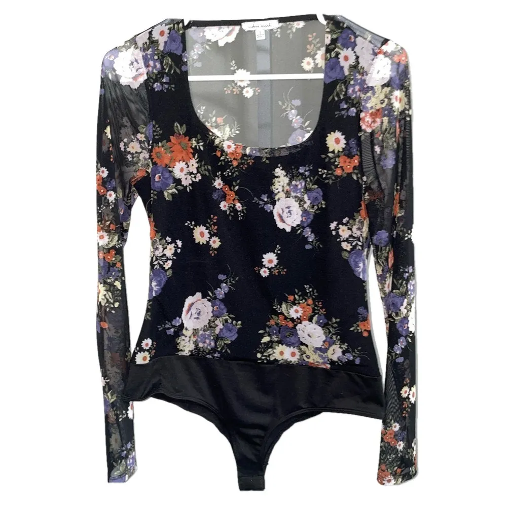 White Birch Dark Floral Sheer Long Sleeve Bodysuit Women Small Y2K Top Going Out - Image 5