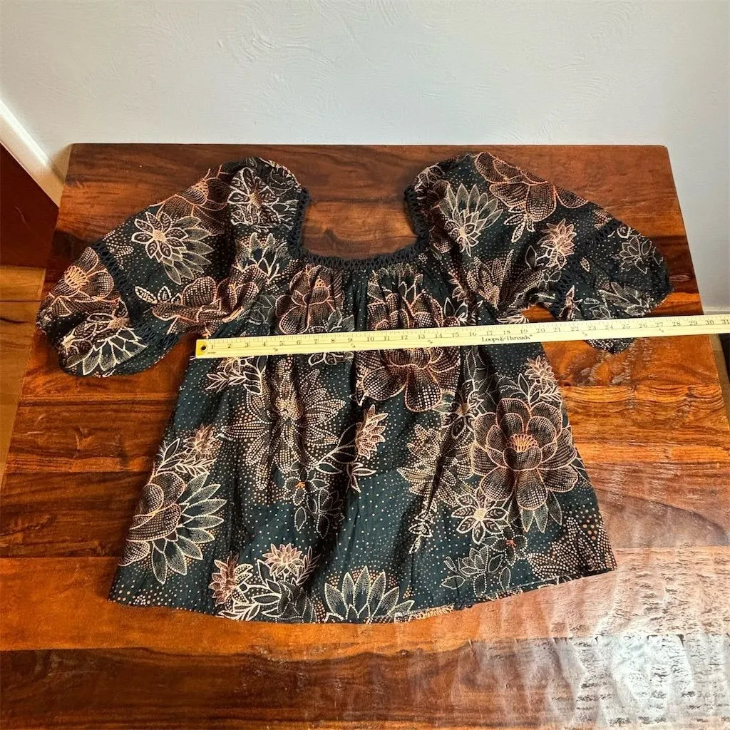 Farm Rio Women's Black Geometric Peasant Blouse Size L Bohemian Style - Image 6