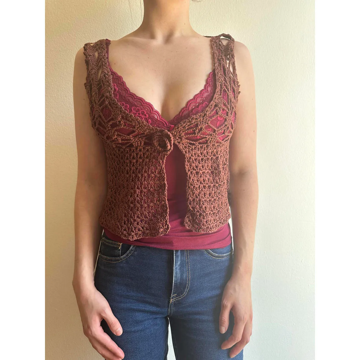Open Knit Rosebud Closure Handmade Crochet Vest Top Brown - Image 2