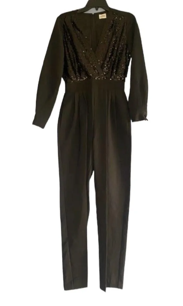 Lini NWT Stella Sequin V Neck Top Straight Leg Party Jumpsuit Black Size XS - Image 3