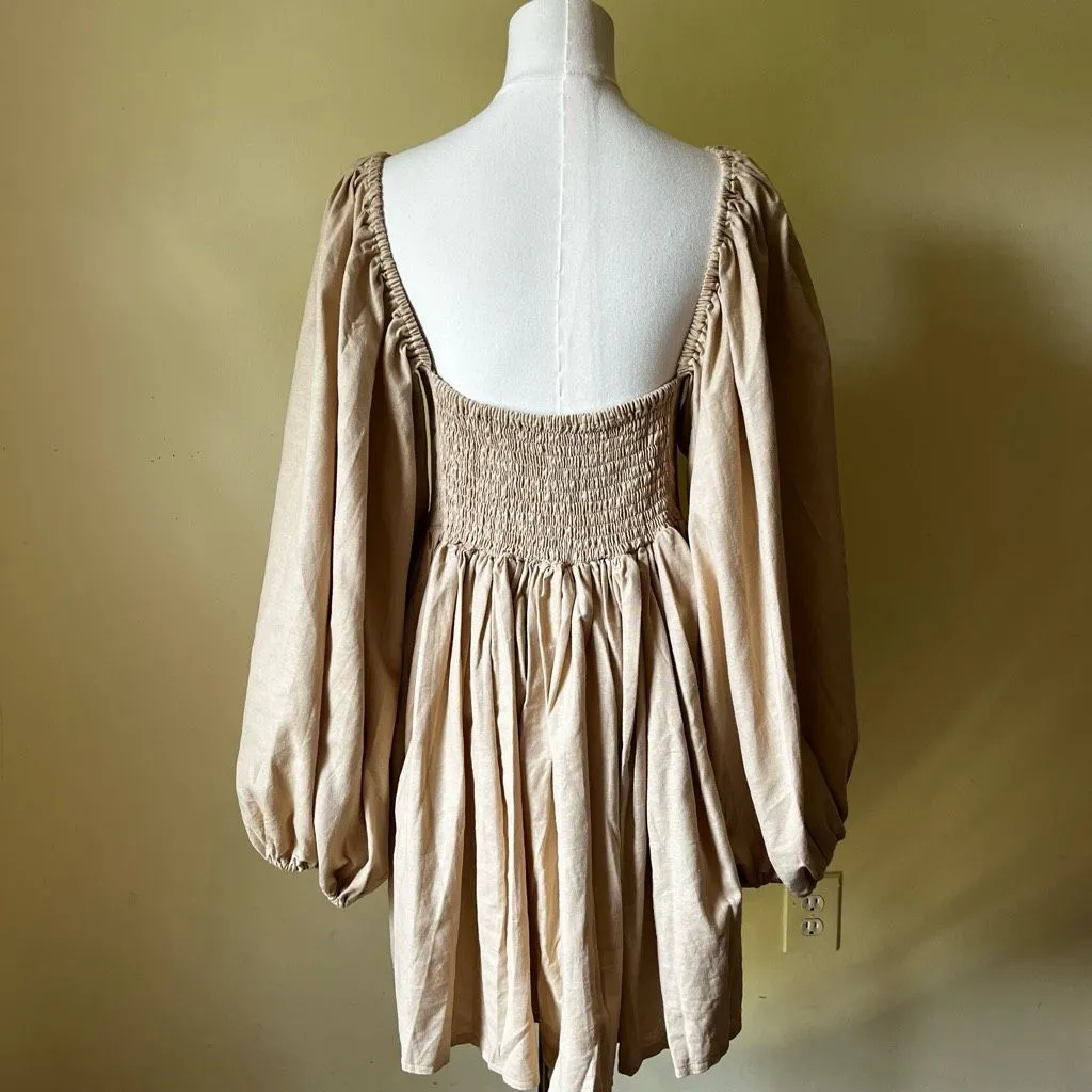 Bali Elf NEW Chloie Empire‎ Waist Linen Mini Dress Puff Sleeve Weekend Beige XL Tan - Image 4