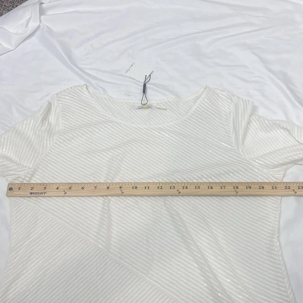 CALVIN KLEIN Women's White 3/4 Sleeve Crewneck Sequin Pullover Top XL Holiday - Image 6