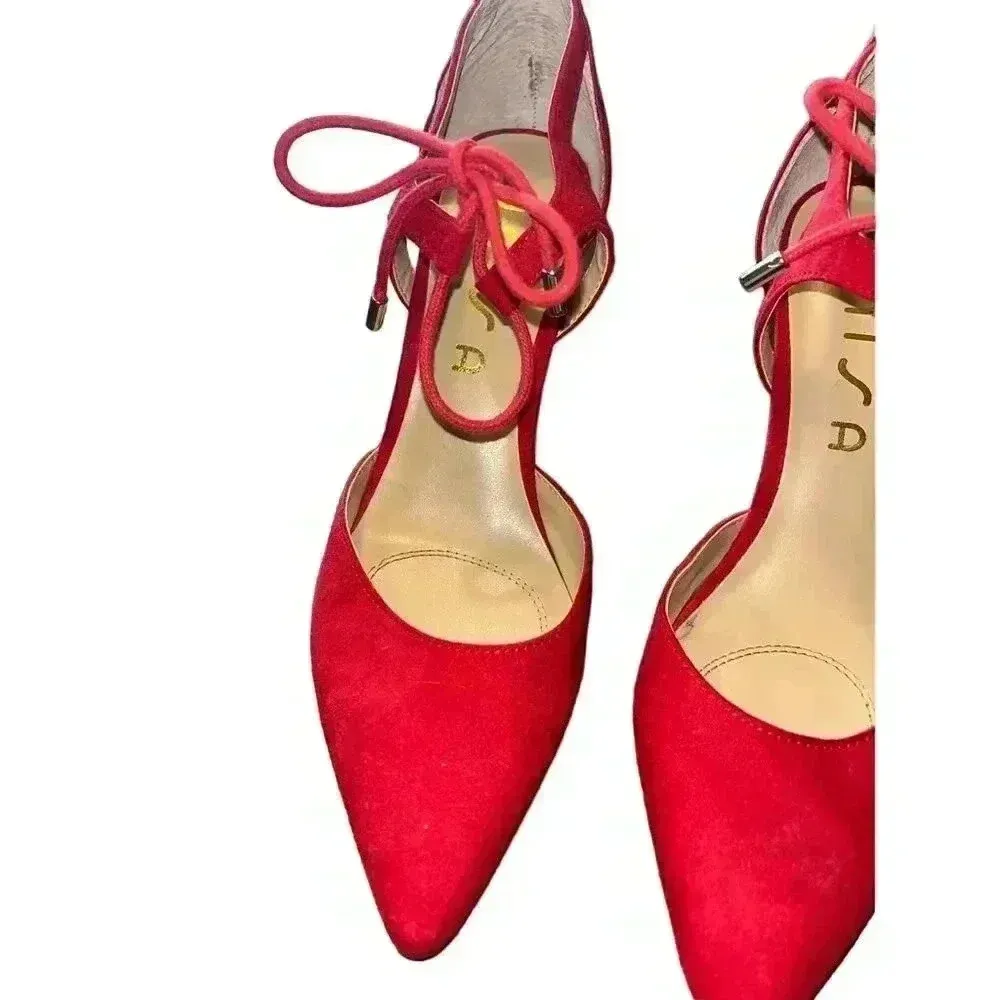 UNISA Red Suede Pointed Toe Lace-Up Flats Elegant‎ Ballet Style Shoes - Image 2