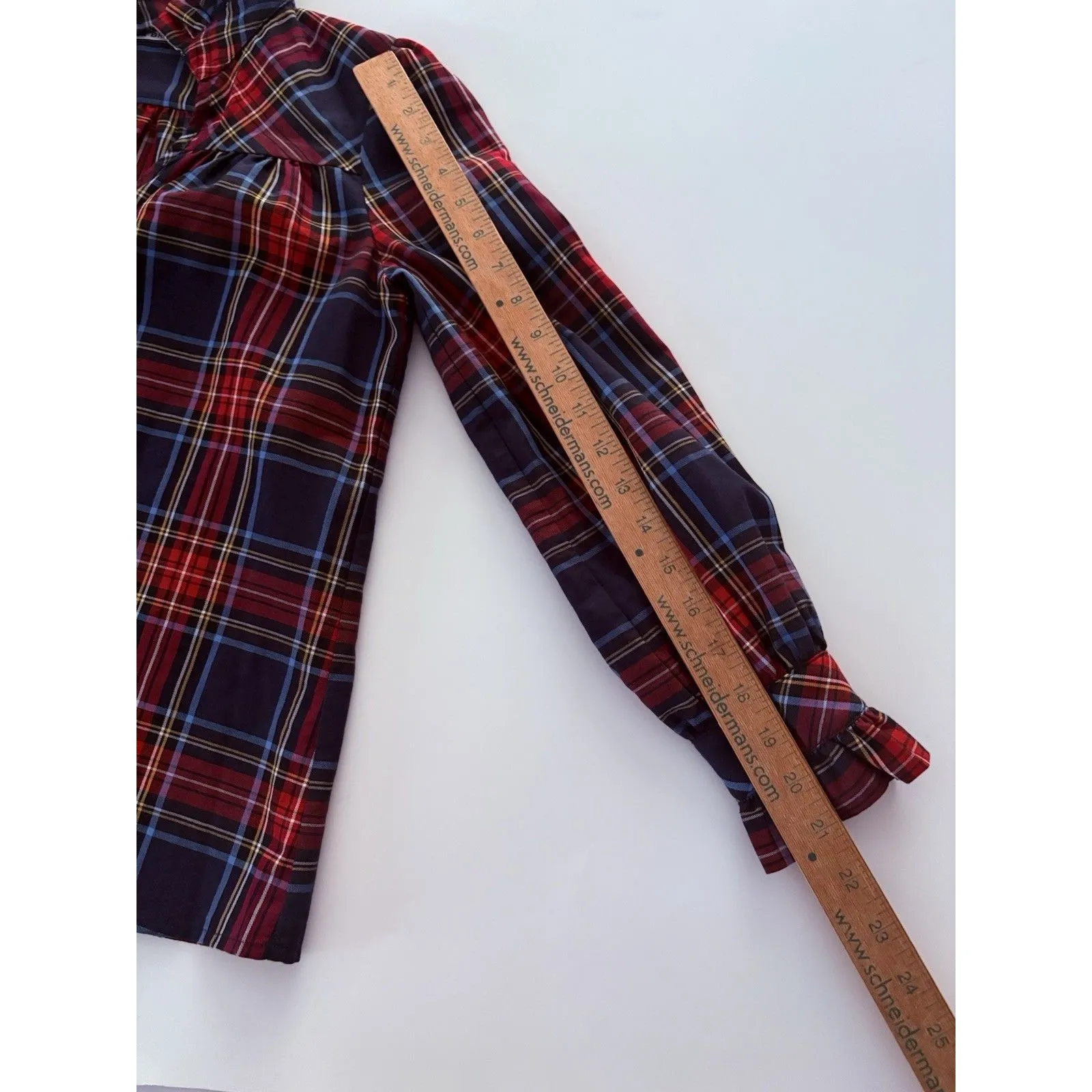 CK Bradley Ruffle Blouse Tartan Plaid Size XS Red Blue Preppy Holiday Oversize - Image 12