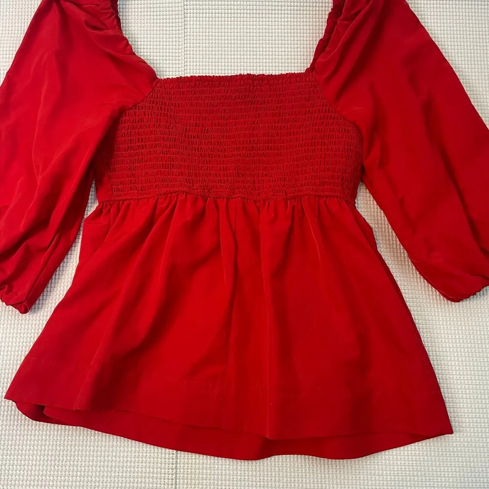 Free Assembly Red Top Square Neck Size Small Blouse Peasant Puff Sleeve - Image 3