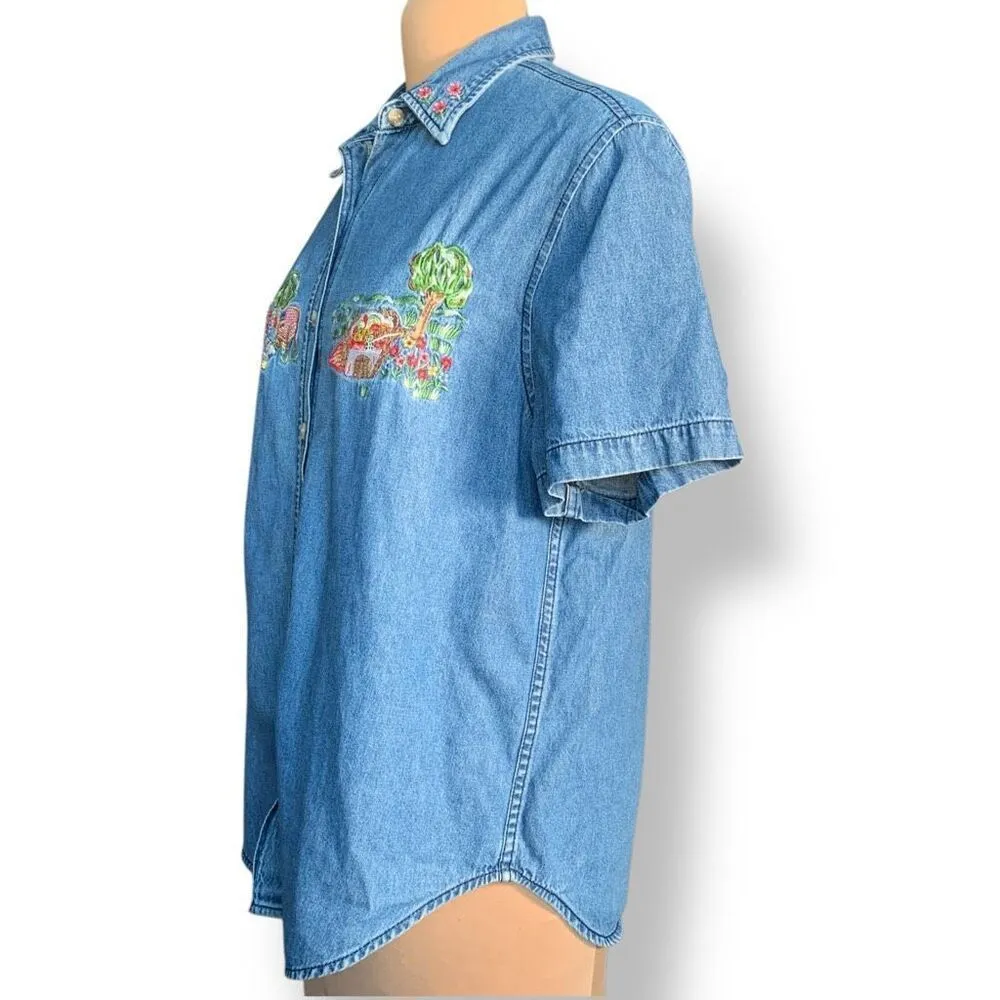 Vintage 90s Embroidered Chambray Denim Short Sleeve Button Up Top Plaid Picnic Blue Size M - Image 3