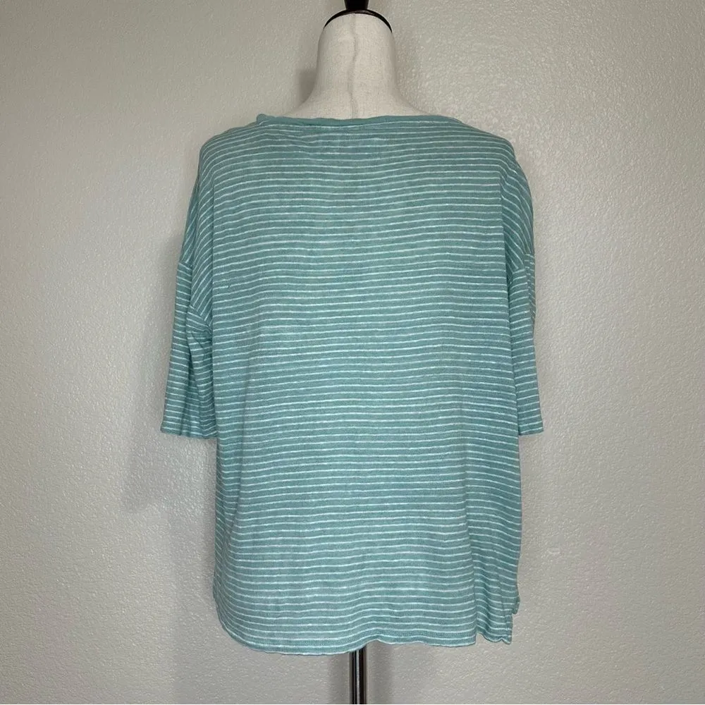 Nicole Miller 100% Linen Mint Green White Striped Short Sleeves Tee - Image 7