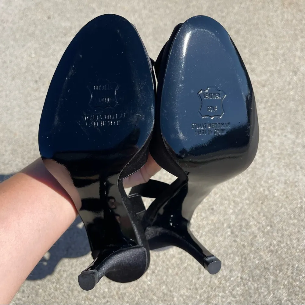 BLACK SATIN SLINGBACK PEEP TOE HEELS WITH RHINESTONE BOW size 6 - Image 6