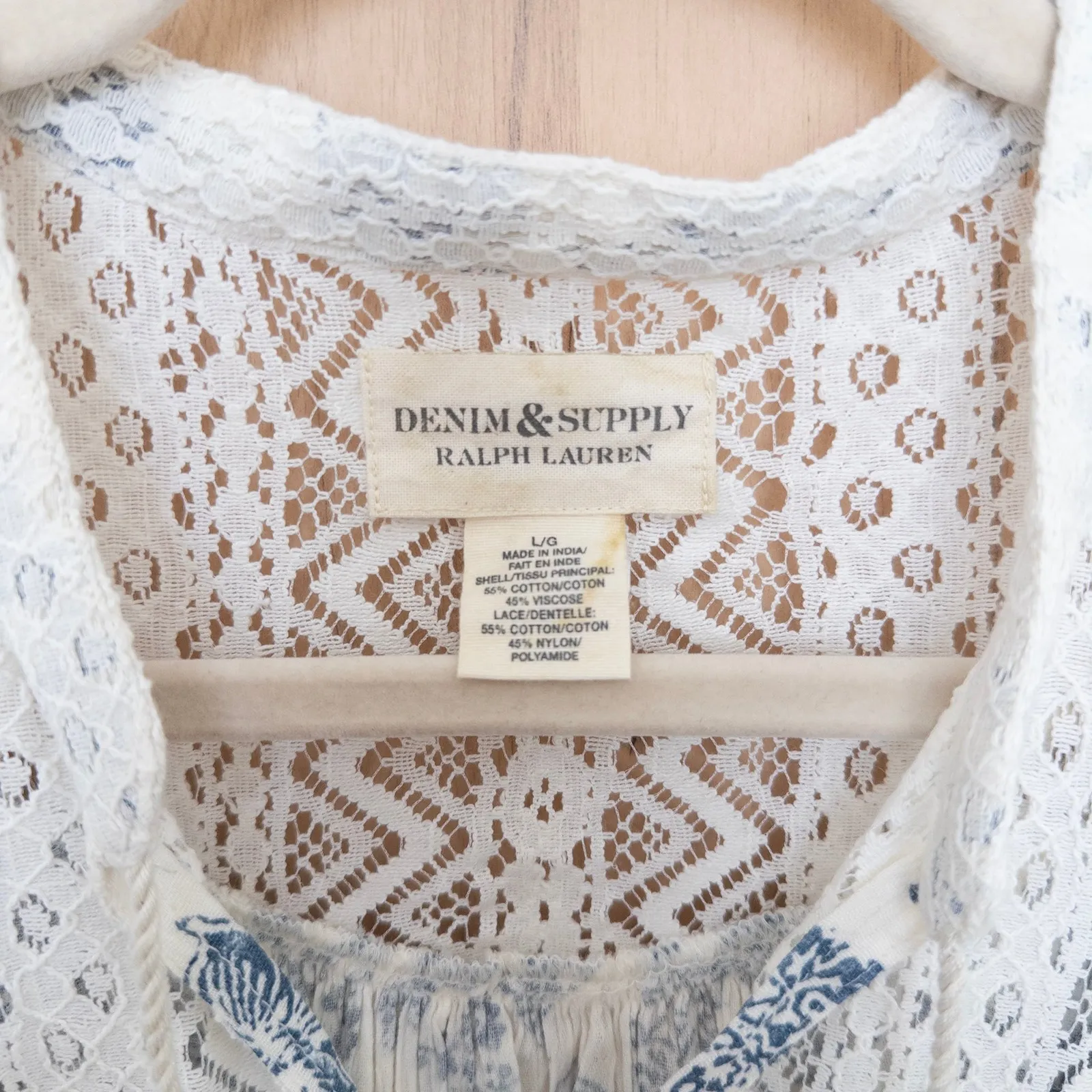 Denim Supply Ralph Lauren Floral Lace Boho Blouse‎ Size L White Blue Cottage - Image 3