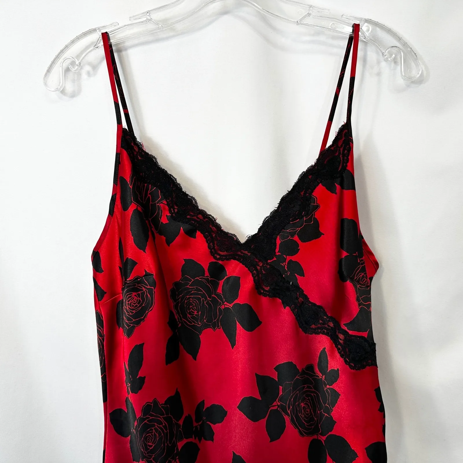 Satin Gown Medium Nightgown Slip Nightie Babydoll Red Black Rose Lace Trim 1810 - Image 4