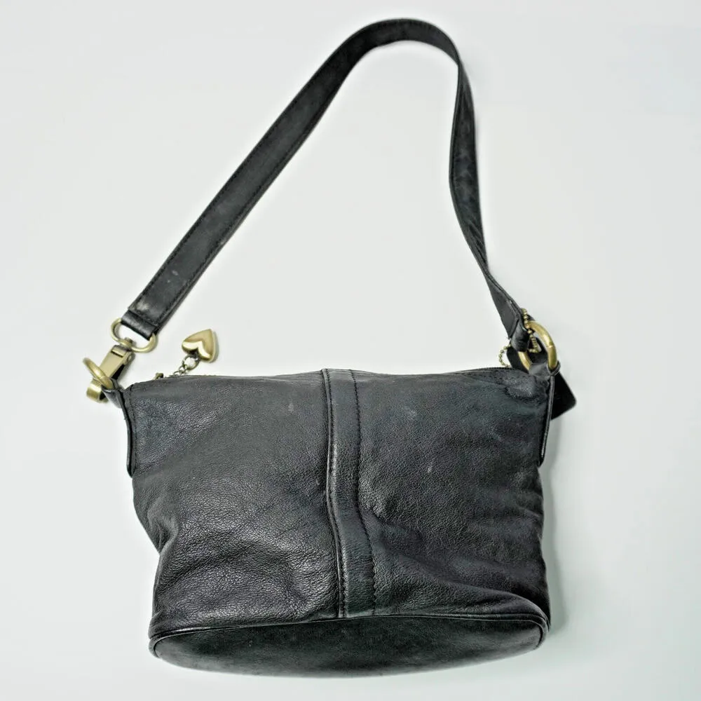 VTG Y2K Genuine Leather Black Shoulder Bag Purse Gold Brass Heart Charm Retro‎ * - Image 2