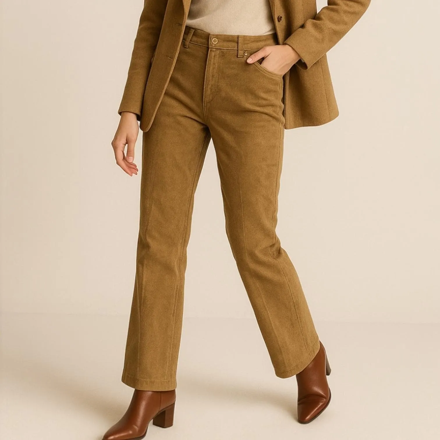 Vtg Pia Rucci Women Suede Leather Straight Leg Pants 6 Tan Festival Minimalist - Image 2