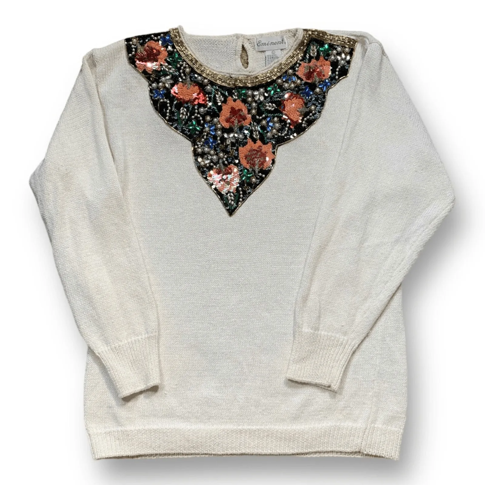 Vintage 80s Cream Sweater Beaded Sequin Floral Statement Holiday Party Knit Black Size L - Image 3