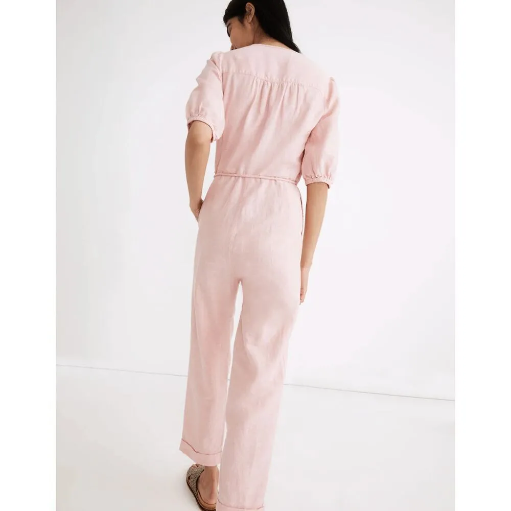 NEW Madewell Linen Blend Puff Sleeve Tassel Tie Jumpsuit Relaxed Fit Pink XXS - Image 2