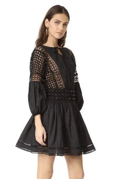 Womens ENDLESS ROSE Flared Boho Dress Crochet Trim Metal Detail Black Sz S $146 - Image 1