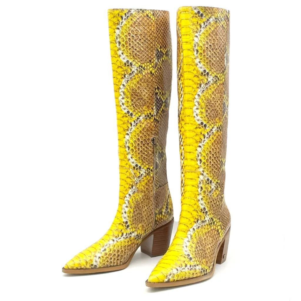 Sam Edelman Lindsey Tall Western Boots Sz 8 Yellow Leather Snake Print Knee High - Image 16