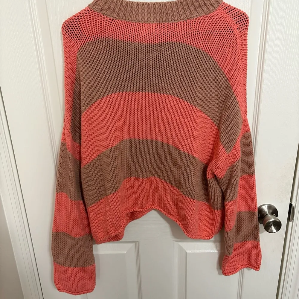 Aerie Coral Pink and Tan Striped Knit Oversized Sweater - Image 5