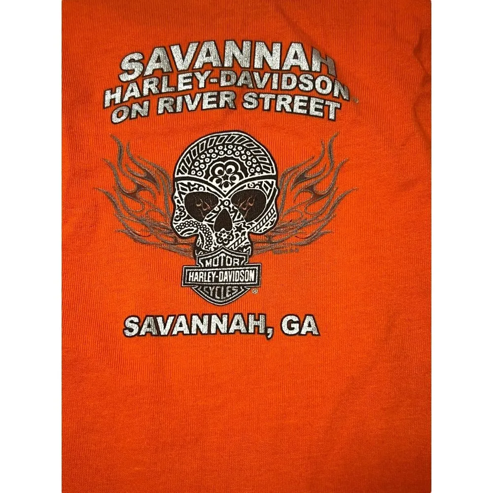Harley Davidson Savannah GA River Street Orange Shirt Women Skull Wings Sz M NWO - Image 4
