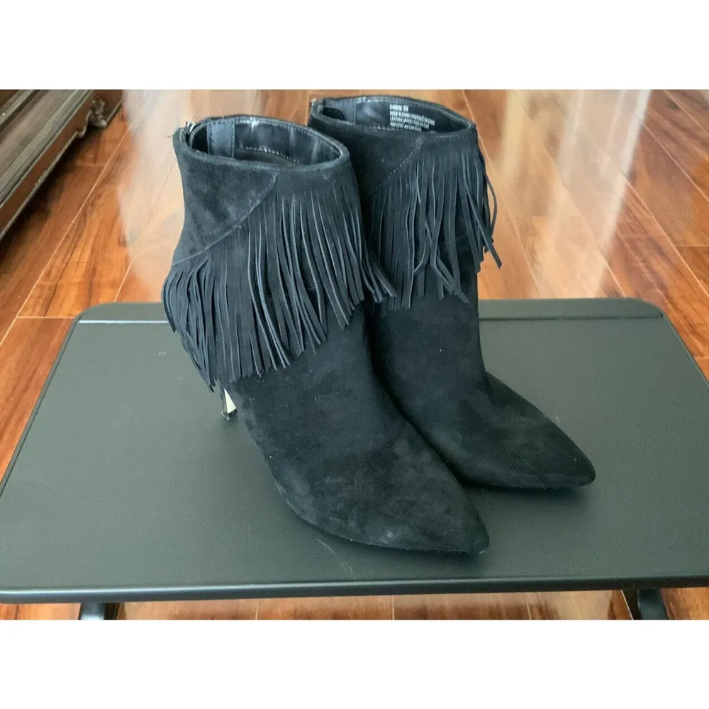 Saks 5th Ave Leather Suede Fringe Cowgirl Boot Pointed Toe sz 8 Zip 3 1/2" Heel - Image 2