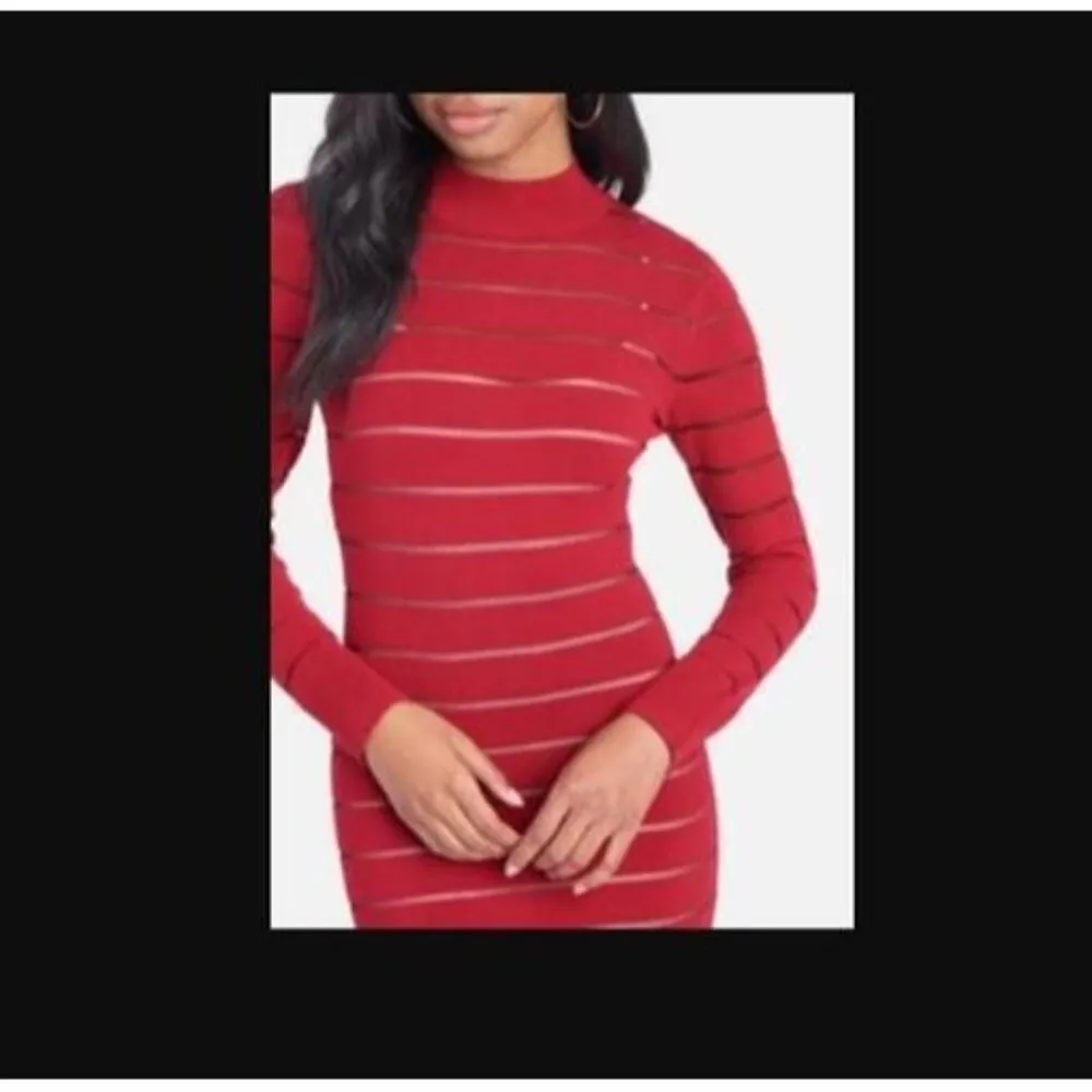 NEW Bebe Goji Berry Red Sheer Stripe Sweater Dress Sheath Bodycon Size Small - Image 4