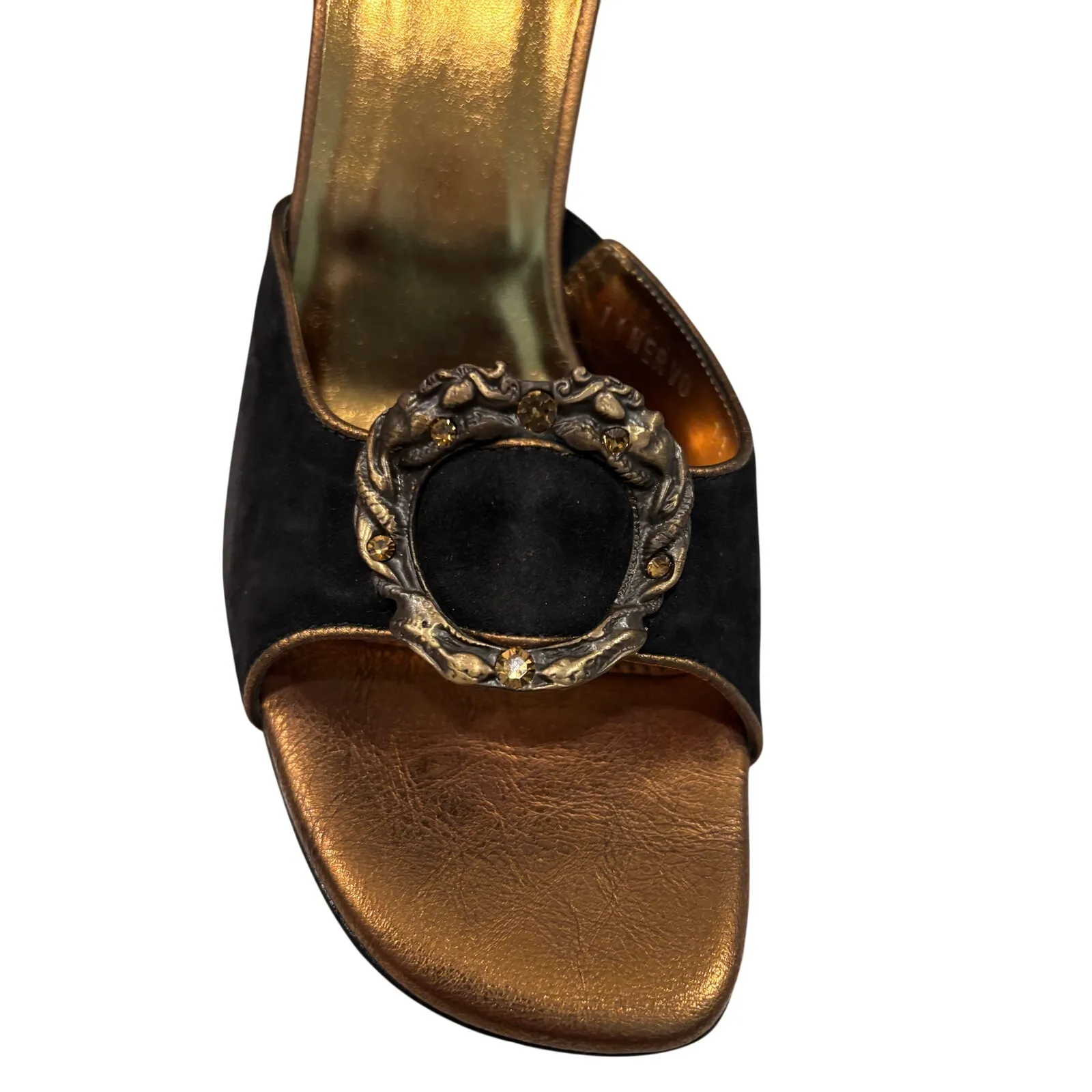 Donald Pliner Shoe Slide Black Suede Bronze Metal Buckle Rhinestones $295 NWT Size 11 - Image 6