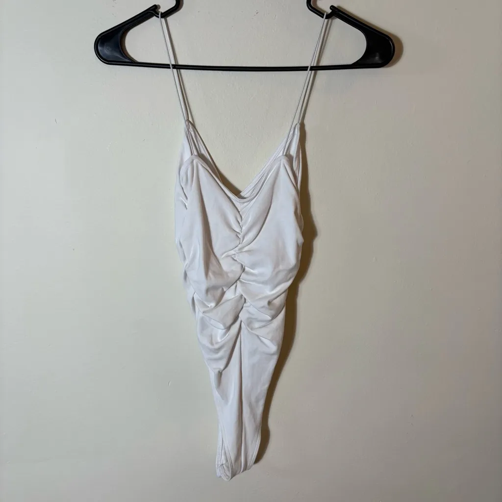 ZARA White Ruched Bodysuit‎ with Spaghetti Straps Size Small - Image 6