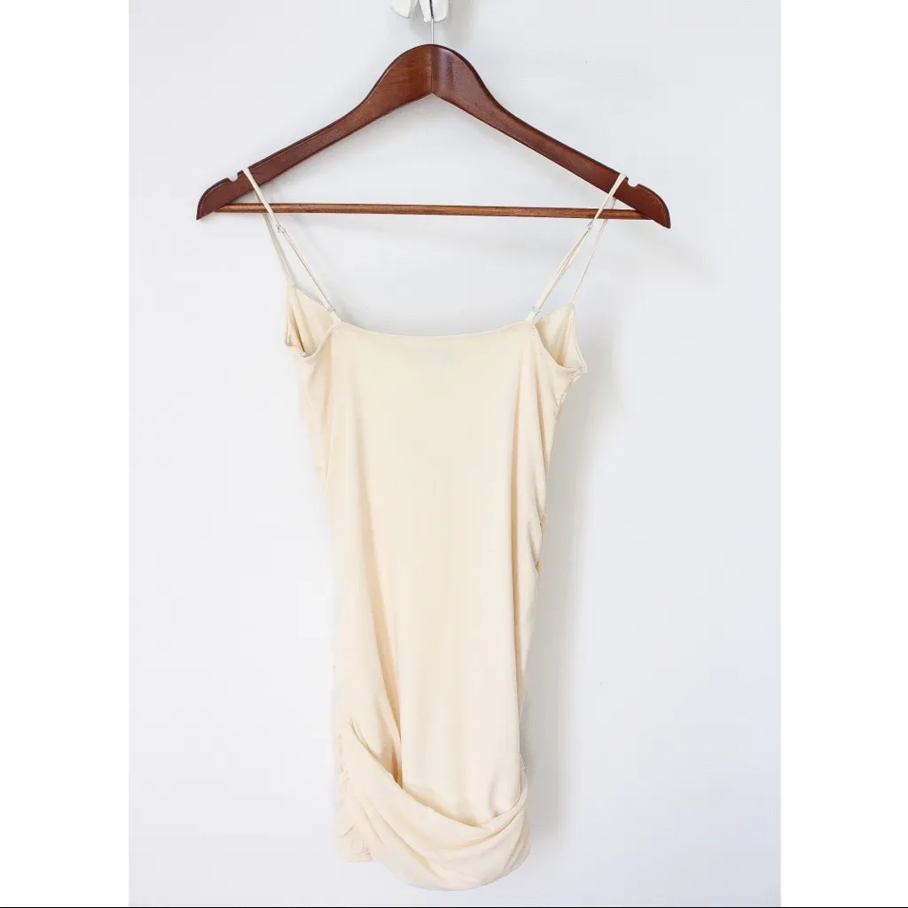 Oh Polly ANALENA Drawstring Mesh Mini Dress with Sweetheart Neckline in Beige - Image 3