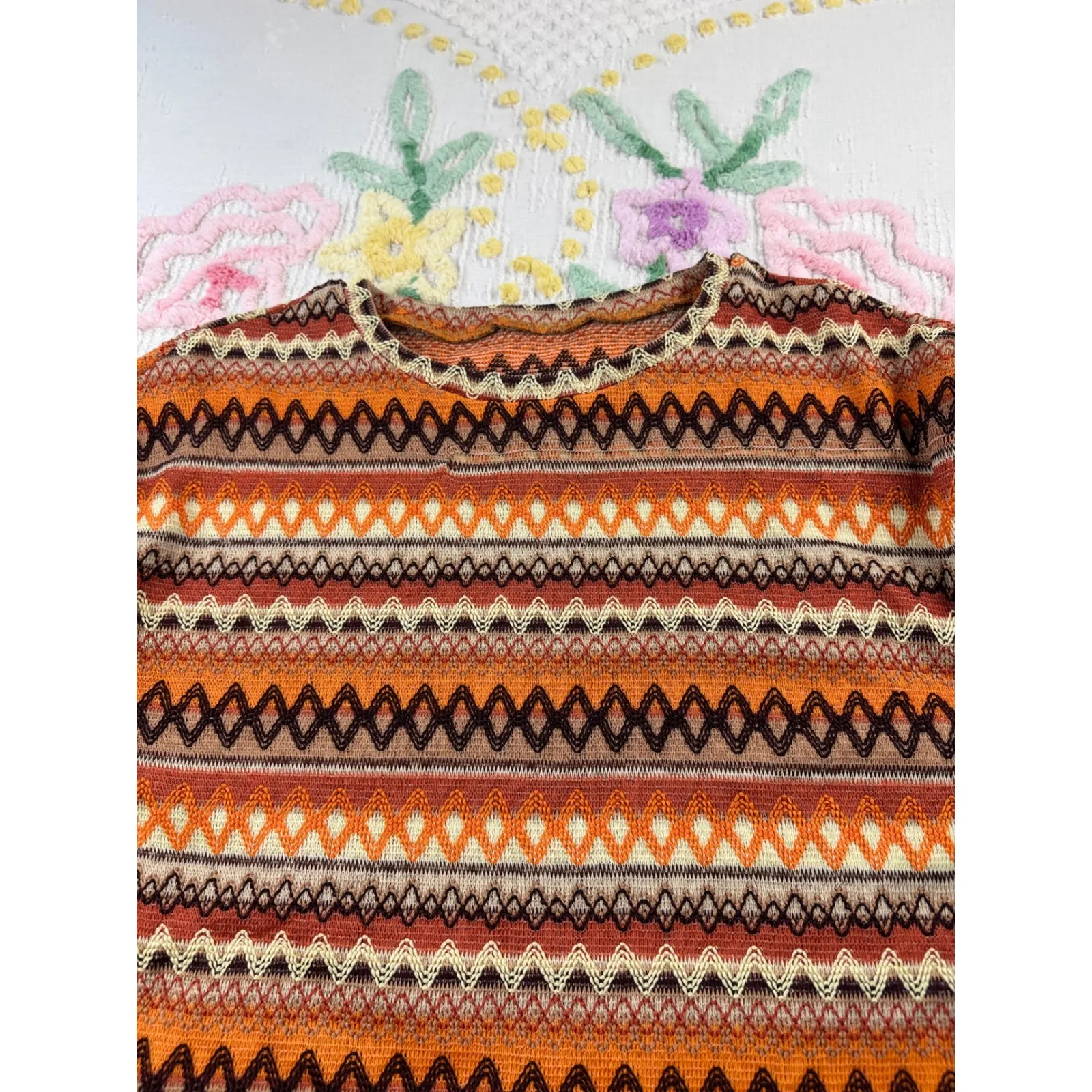 Retro Geometric Print Long Sleeve Sweater Top Orange Brown Beige Women's M - Image 5