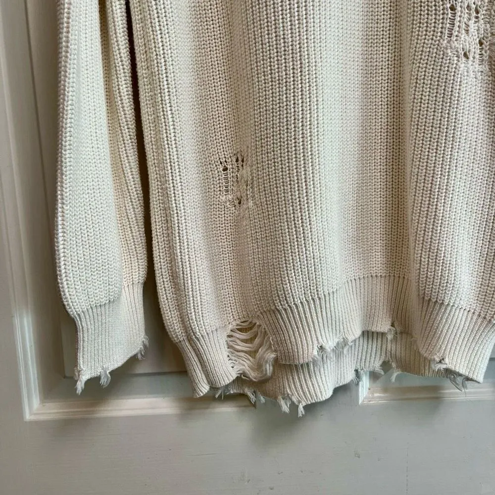 Ser.O.Ya Cream Devin Oversized Distressed Sweater Front Pocket Small White - Image 3