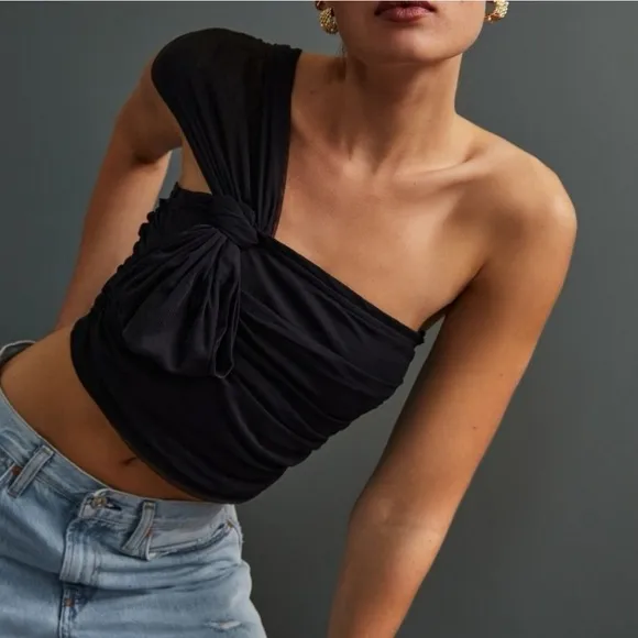 Anthropologie black cropped one shoulder tulle top with bow detail - Image 2