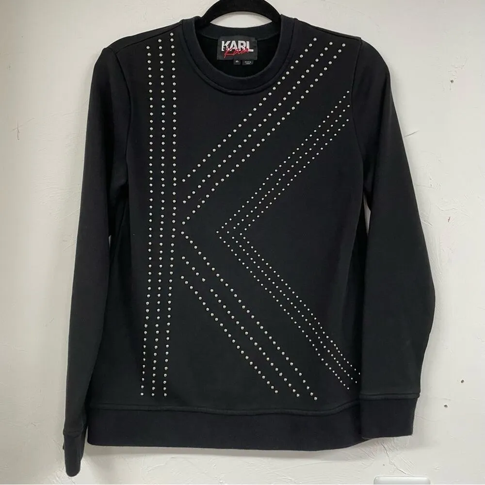 Karl Lagerfeld Black Crew Neck Sweatshirt Silver Studded Womens XS Luxury Top - Image 7