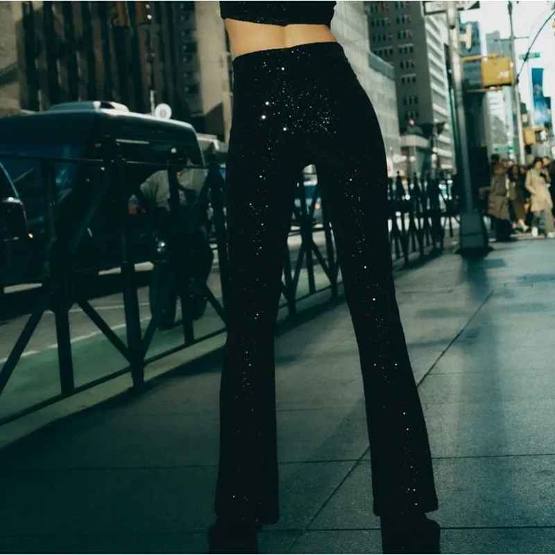 ZARA  Sequin Embellished High Waisted Flare Trouser Pants Black Medium - Image 2