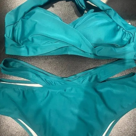 SHEIN Womens Two Piece Bathing Suit Bikini Plain Solid Blue 2XL Cheeky Bottoms - Image 2