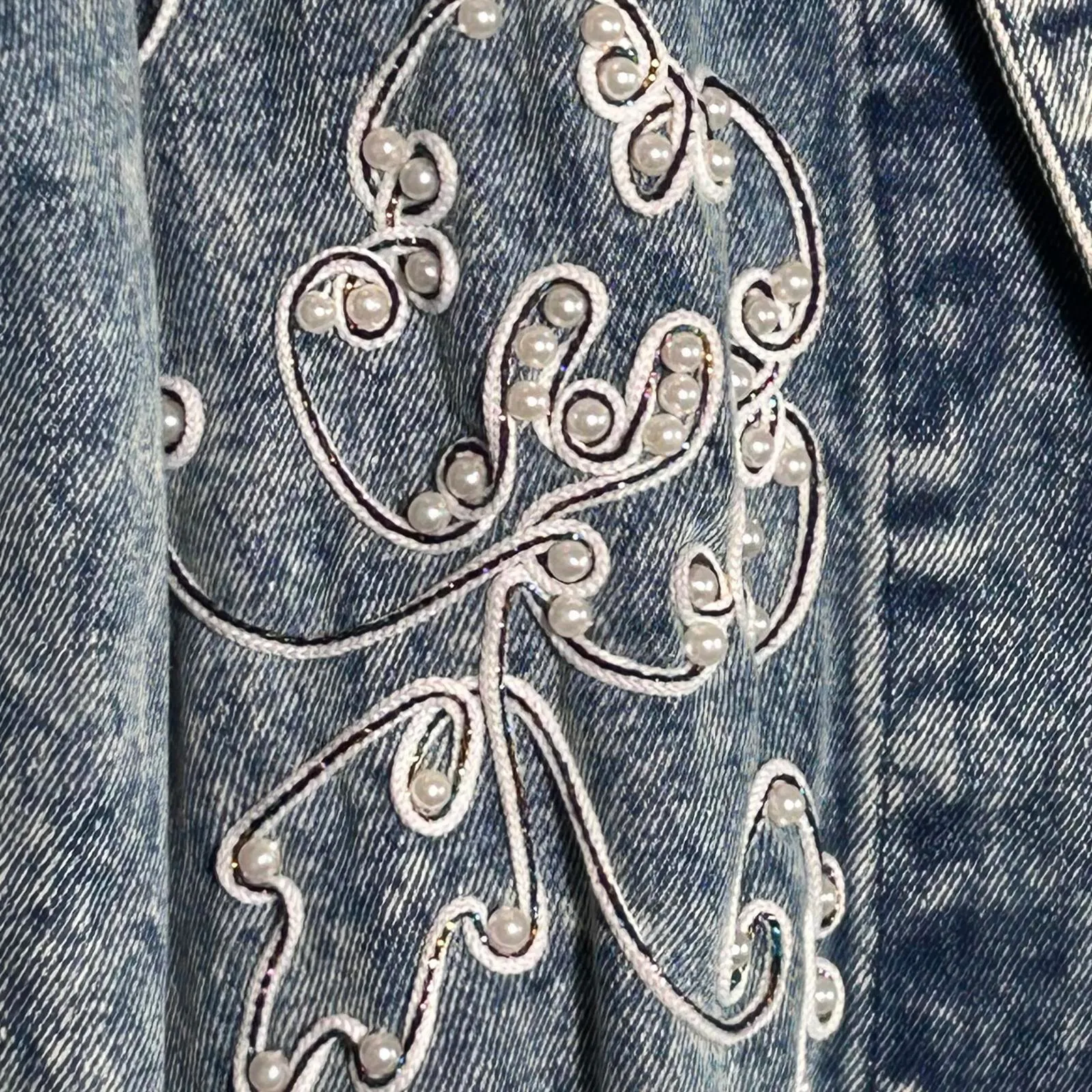 Vintage Jensen Womens Denim Pearl Embroidered Jacket Size M Acid Wash Streetwear Blue Size M - Image 8