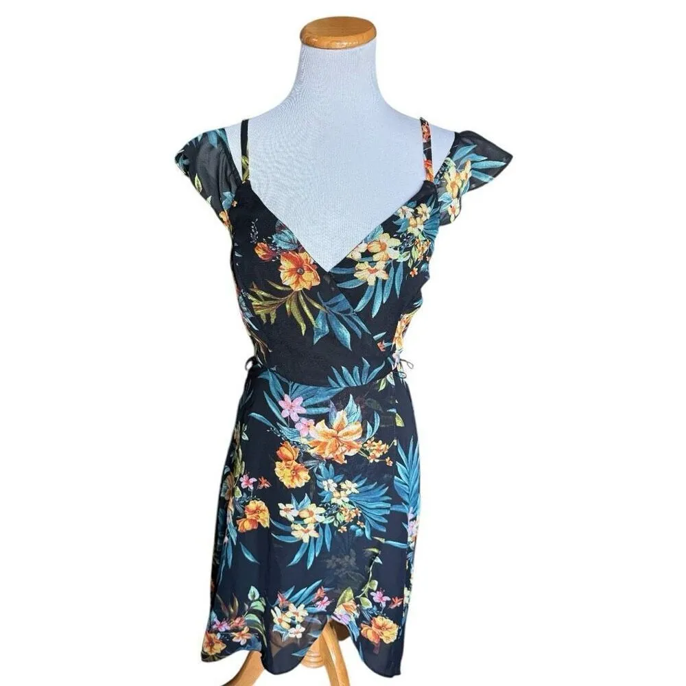 NWT Womens Juniors By & By Floral Tropical Hi Low Print Flutter Sleeve Dress - Image 2