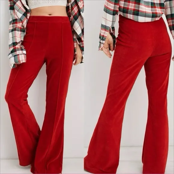 Aerie Red Ribbed Velour Flare Pants High Waisted Super Soft Size X-Small - Image 2