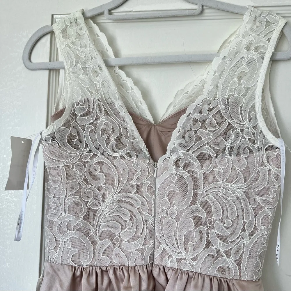 Dessy Collection After Six Cameo Cream Blush Lace Cocktail V Neck Dress Size 8 Pink - Image 8