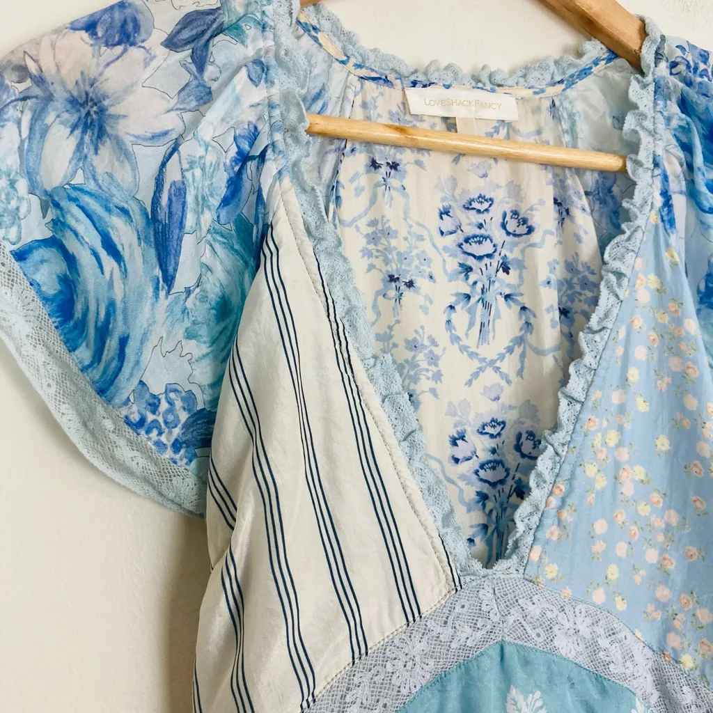 LoveShackFancy Tula silk patchwork midi dress with puff sleeve, lace trim. Sz 0 - Image 5