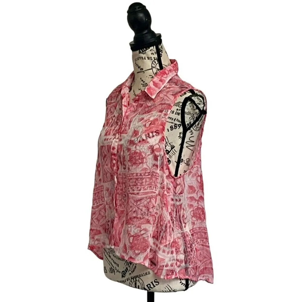 Hollister Womens Floral High Low Cropped Button Up Sleeveless Top Sheer S Y2K - Image 3