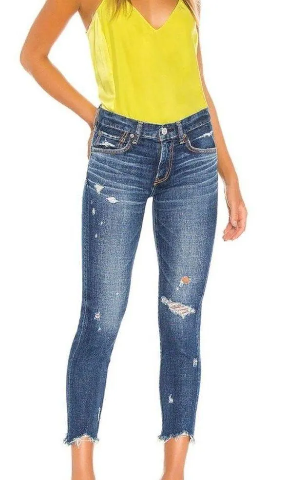 Moussy Vintage Glendale Mid Rise Skinny Distressed Jeans Sz 29 Raw Cut Hem Blue - Image 1