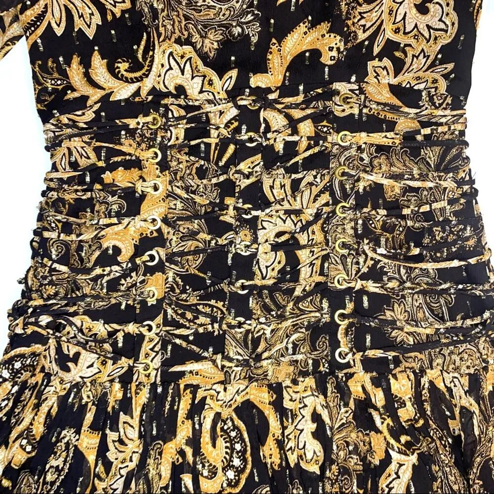 Thurley Faithful Corset Silk Blend Long Sleeve Paisley Print Dress SMALL Black - Image 7