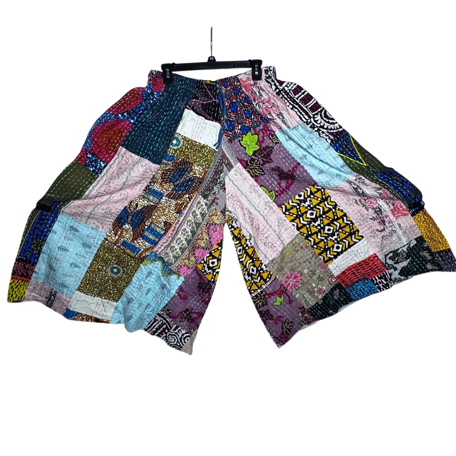 Patchwork Wide Leg Pants Boho Festival Cotton SIZE XL Blue - Image 3