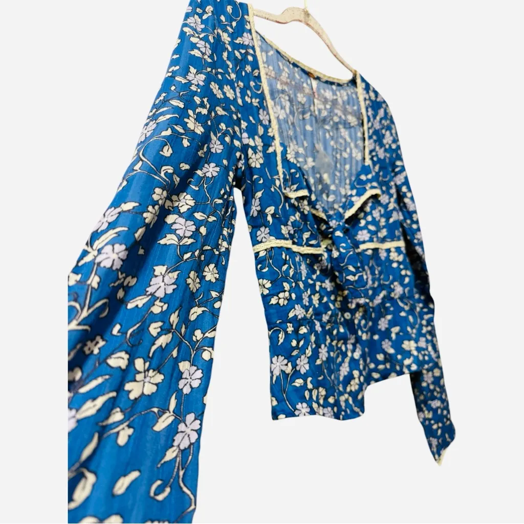 Free People Call Me Baby Long Sleeve Blouse Lace Smocked Blue Floral‎ Top S New - Image 6