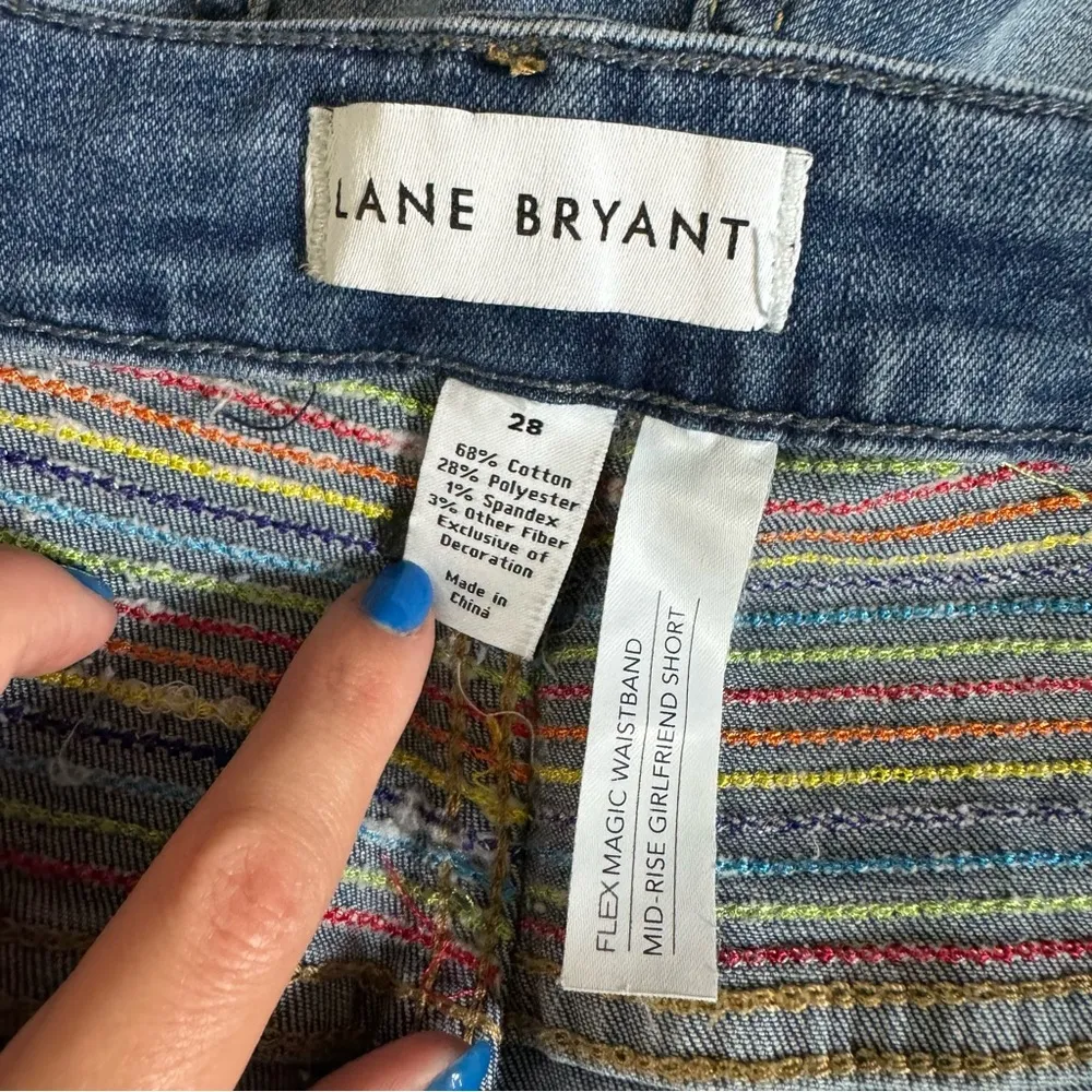 Lane Bryant Mid Rise Girlfriend Jean Shorts Sz 28 High Rise Rainbow Stitching - Image 7
