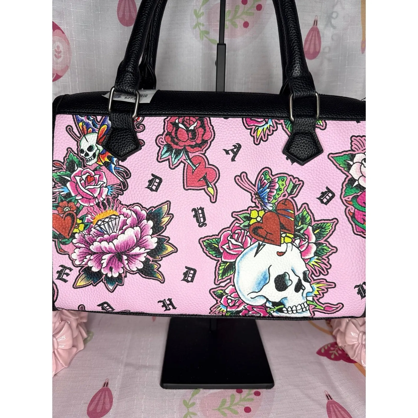 ED HARDY Pink Logo Tattoo Skull Hearts Print Satchel Handbag Crossbody - Image 5