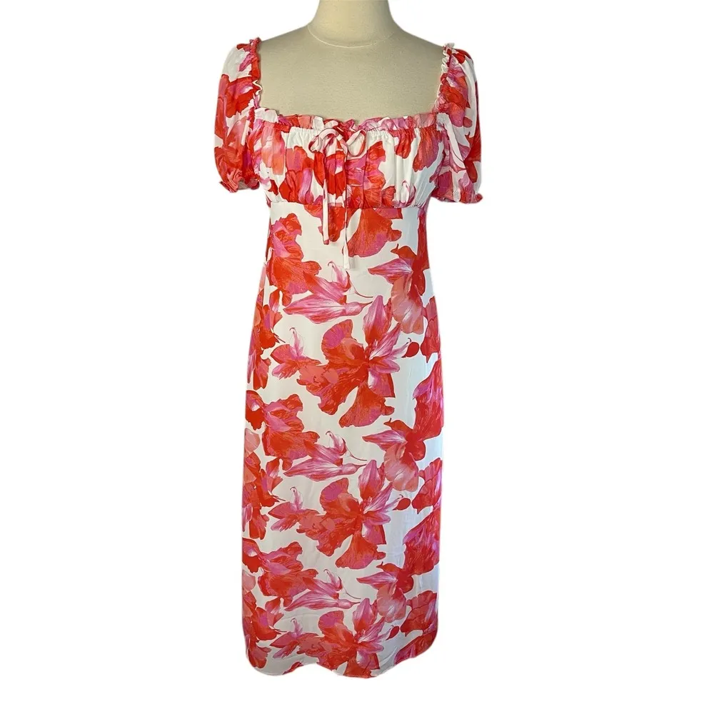 NWT‎ WAYF Felicity Floral Pink Midi Dress in Coral Pink Hibiscus, Small - Image 2